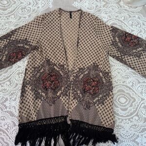 Kori Beige and Black Patterned Kimono with Fringe